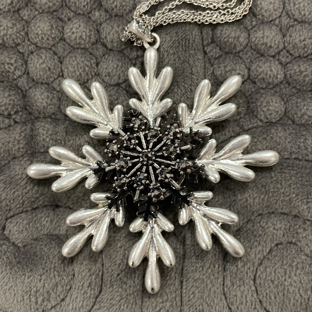Sparkling Silver/Gunmetal Snowflake Pendant on 32” Adjustable Chain